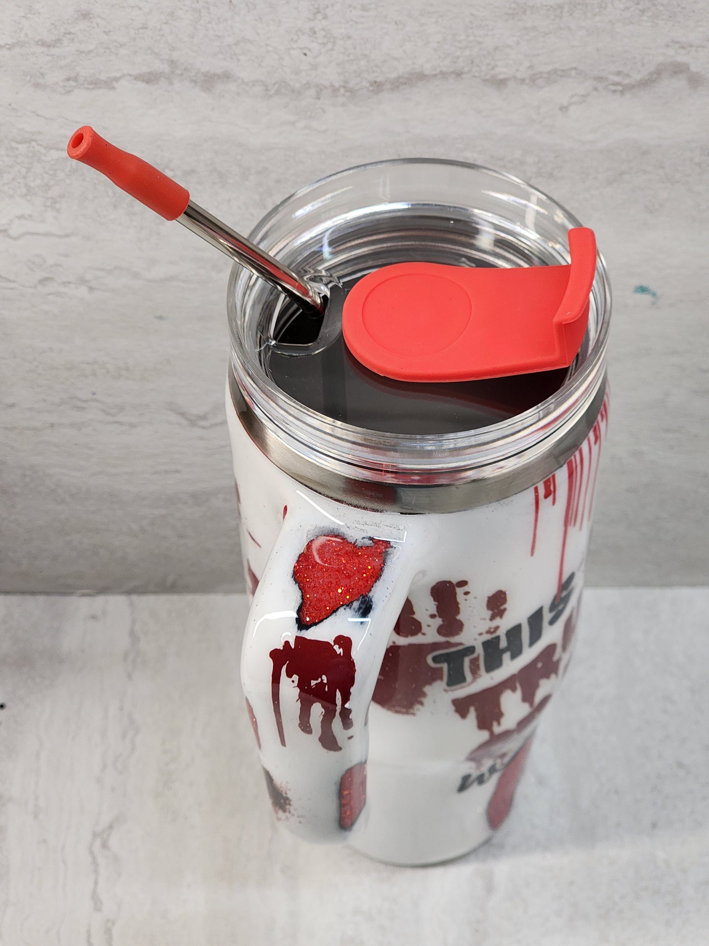 30 Ounce Crime Scene Drinking Tumbler with matching lid and straw.