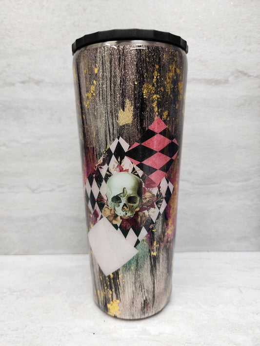 24 ounce drinking tumbler with skull design, lid and straw