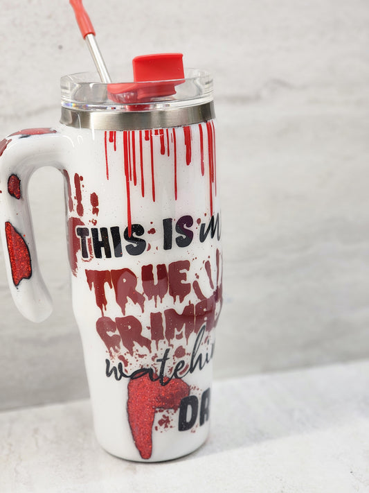 30 Ounce Crime Scene Drinking Tumbler with matching lid and straw.