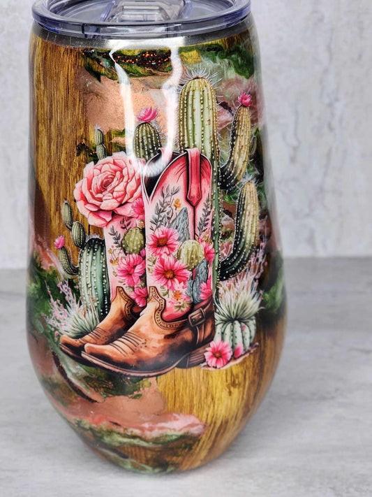 Cactus/Boots-17 ounce stemless wine tumbler